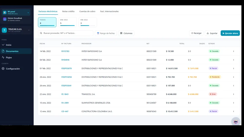 Panel de NextContable: listado de comprobantes con su estado