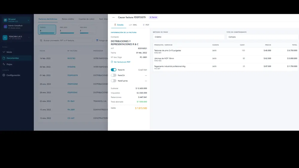 Detalle de un comprobante en NextContable con impuestos y retenciones